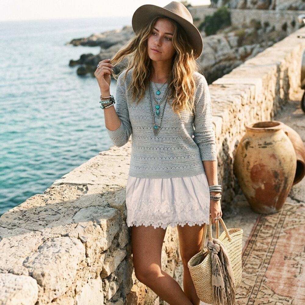 A'reve Grey Boho Knit & Lace Tunic / Mini Dress